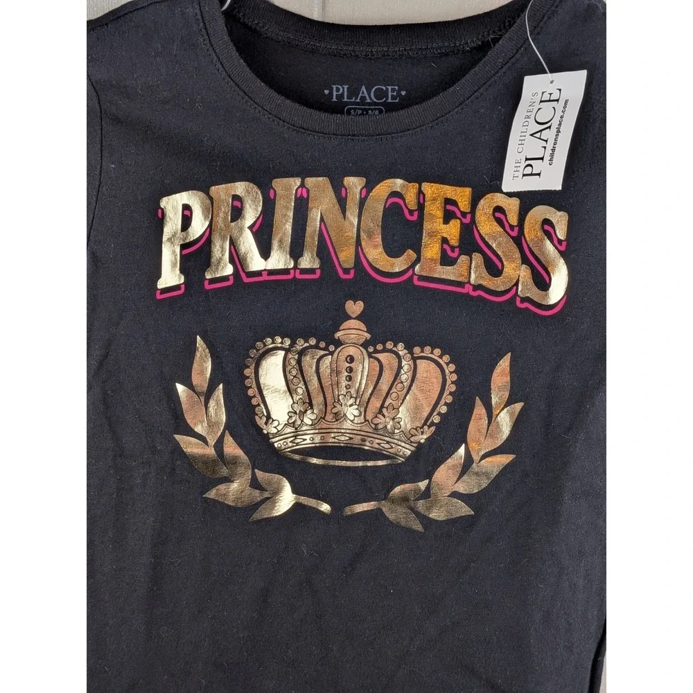 The Childrens Place Girls Black Princess Crown Gold Foil Long Sleeve Shirt S 5/6